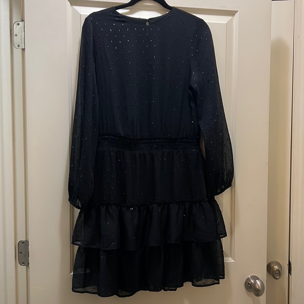 Black long sleeve express dress with ruffles at the bottom.